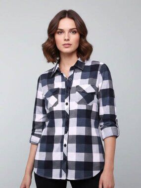 DJT Women's Plaid Button Front Shirt Black White Check Long Sleeve Size M